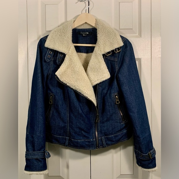 Forever 21 Jackets & Blazers - Vegan Shearling Dark Denim Moto Jacket